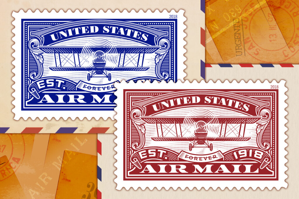 Collage of two stamps showing World War I-era planes