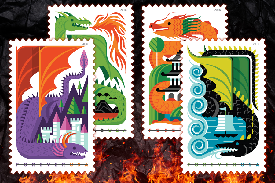 Four illustrations of USPS dragon stamps