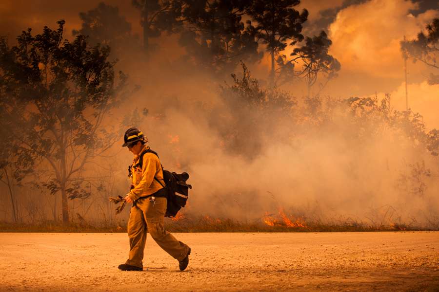 Firefighter walking near wildfire