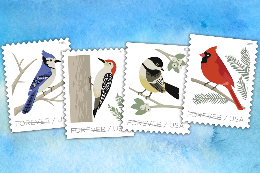 Four stamps, each showing a colorful bird