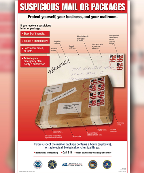 Poster showing suspicious envelope and package