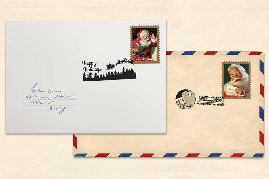 Envelopes baring holiday stamps and postmarks