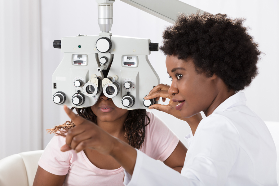 A woman gets an eye examination