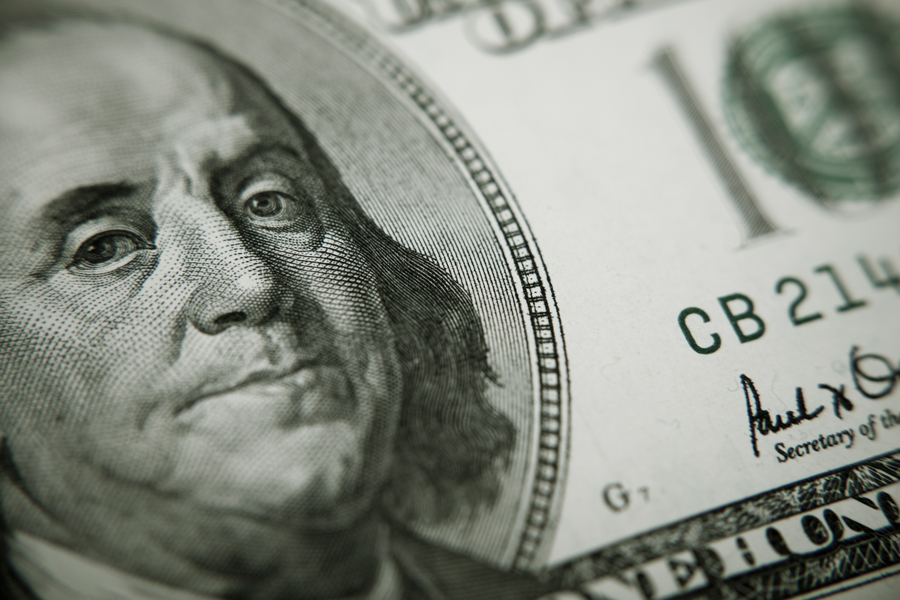 Close-up of Ben Franklin's face on one hundred dollar bill