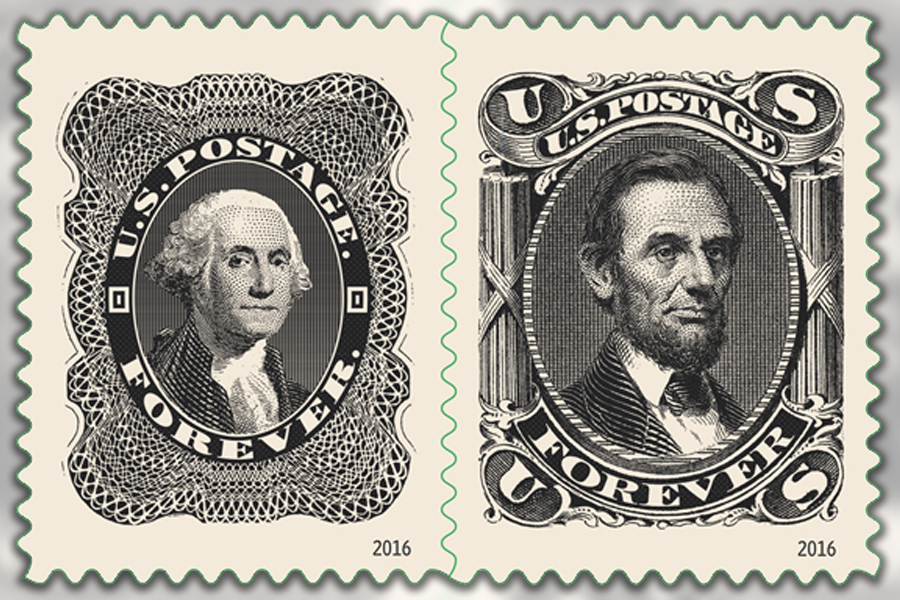 Presidents George Washington and Abraham Lincoln stamps.