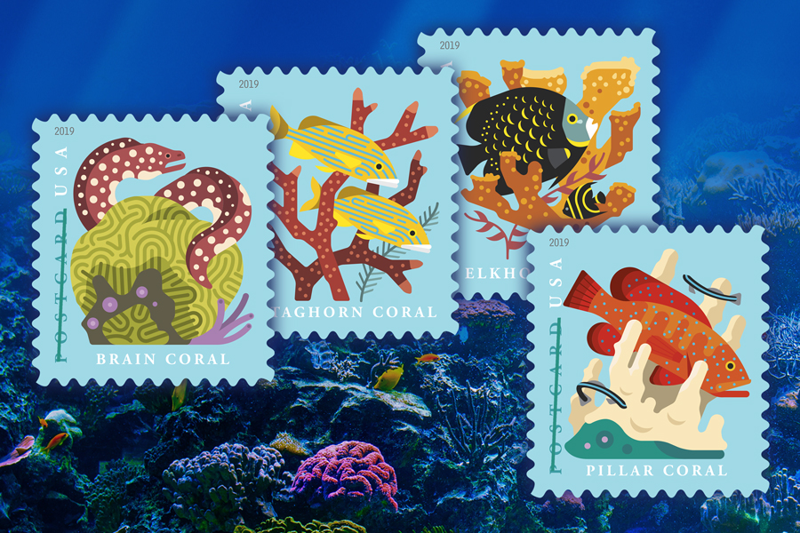 Stamps showing illustrations of aquatic life swimming near corals