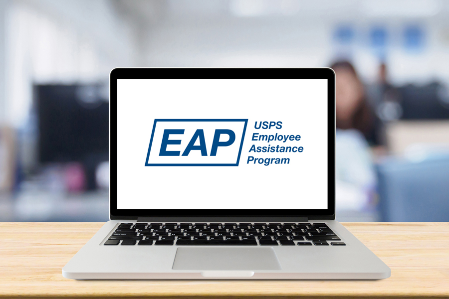 Laptop showing USPS Employee Assistance Program logo on screen