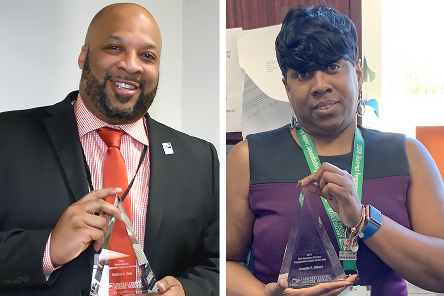 USPS employees Rodrick Cole, Dallas District’s customer services manager, and JeVonda Gilbert-Faust, Mid-Carolinas District’s customer services manager