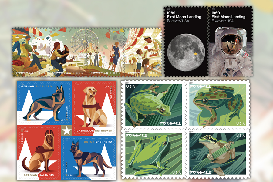 969: First Moon Landing, Frogs and Military Working Dogs stamps.