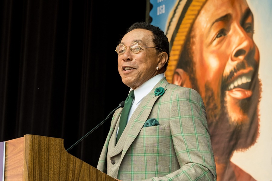 Smokey Robinson addresses the audience at the Marvin Gaye stamp ceremony.