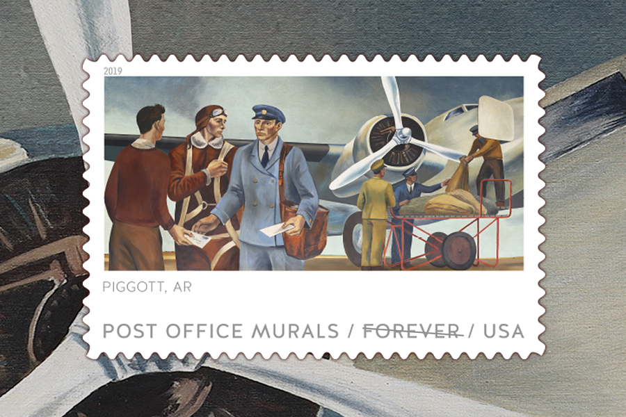 Postal employees handle mail being loaded into a plane in the “Air Mail” mural, painted in 1941.