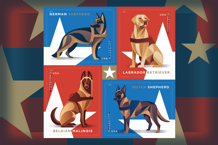 Stamp sheet showing colorful illustrations of dogs