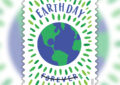 Stamp showing colorful illustration of Earth