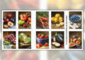 Stamps showing realistic paintings of fruits and vegetables