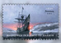Stamp showing oil painting of ship in harbor