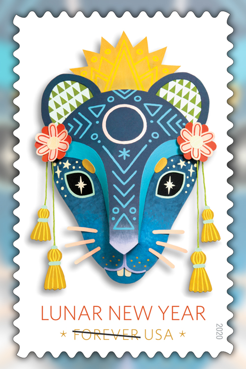 Stamp showing colorful rat mask