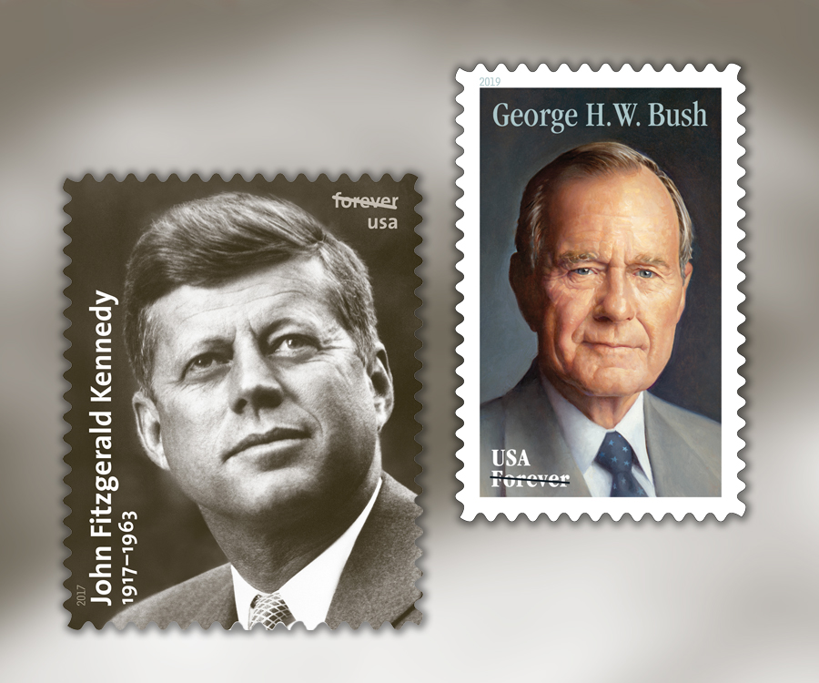 Collage of stamps showing John F. Kennedy and George H.W. Bush