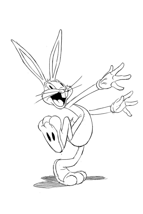 Black and white drawing of Bugs Bunny