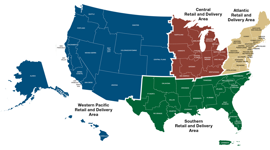 Map showing Postal Service geographic divisions