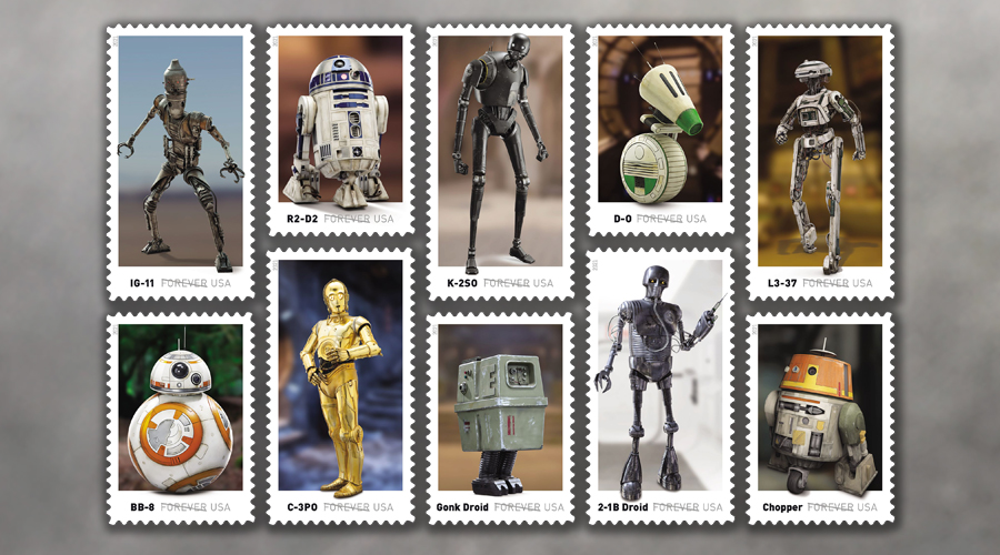 Collage of stamps depicting Star Wars droids