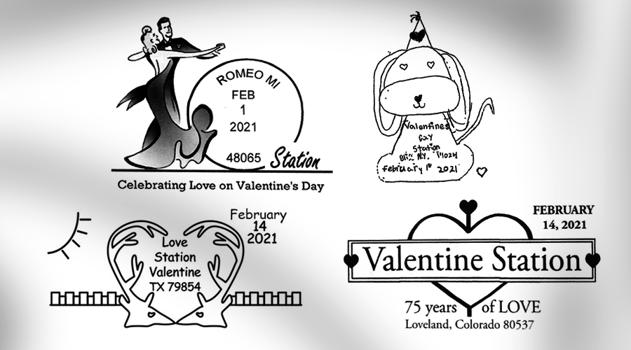 Collage of whimsical postmarks with love and romantic themes