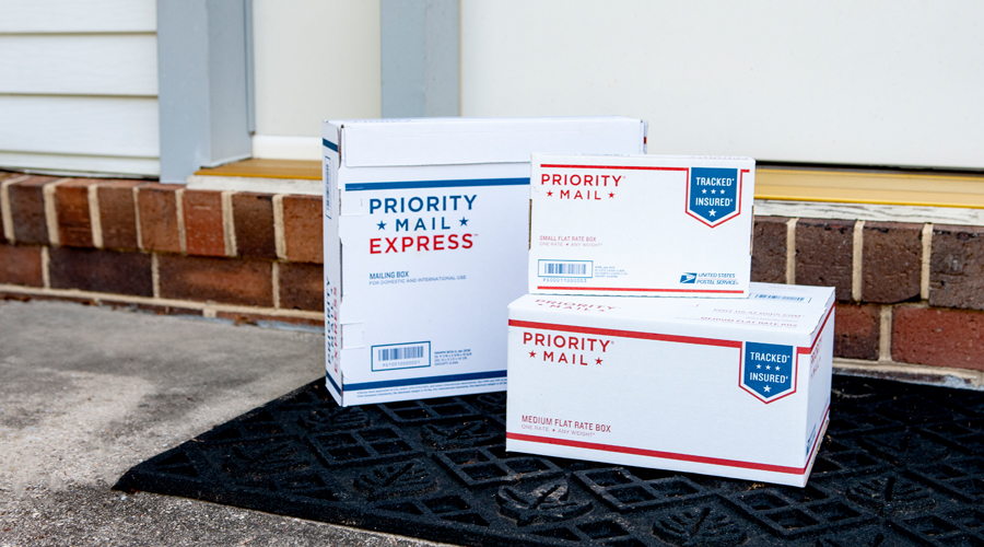 Priority Mail Express box sitting on doorstep