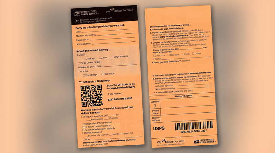 Front and back views of postal form
