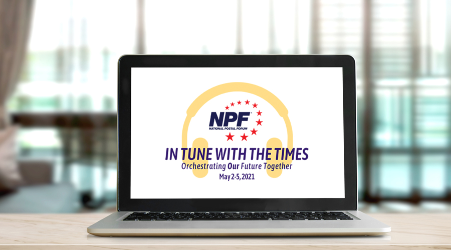 Laptop screen displaying National Postal Forum logo