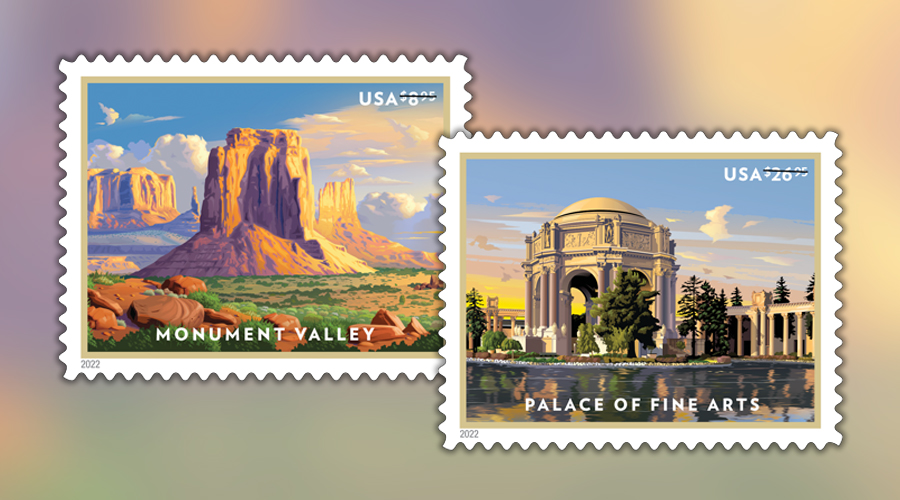 Colorful stamps featuring landmarks